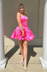 Misshow A-Line Pink Square Neck Ruffles Short Homecoming Dress/Mini Dress with Belt